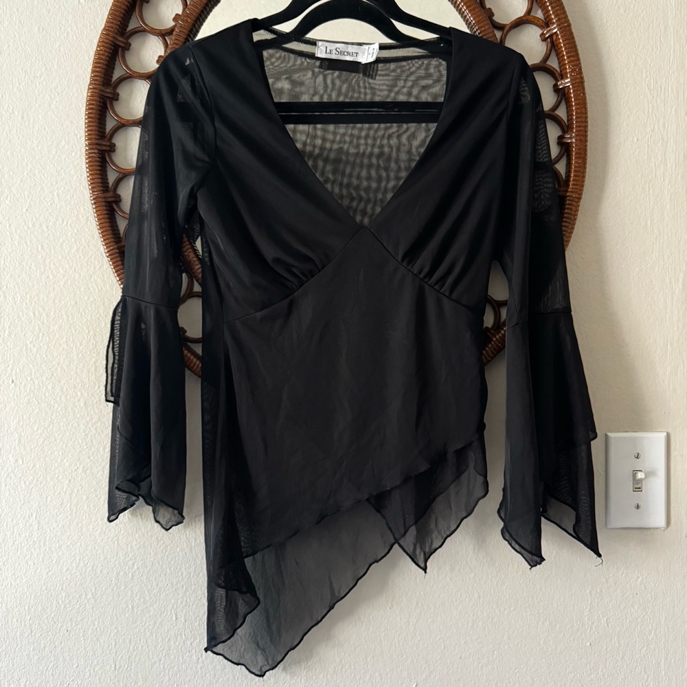 Y2K VTG black fairy grunge sheer bell sleeve asymmetrical hem blouse size M